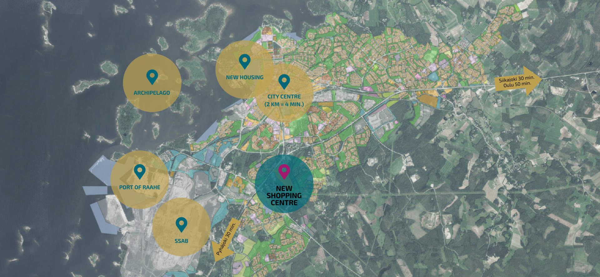 Karttakuva Raahen kaupunkialueesta, johon nostettu mahdollisia sijoituskohteita.